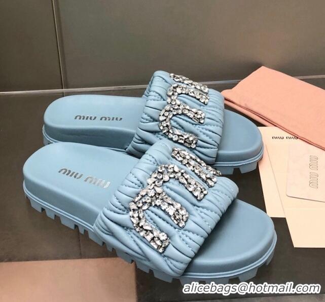 Best Price Miu Miu Matelasse Leather Platform Slide Sandals with Crystals Logo Blue 327106