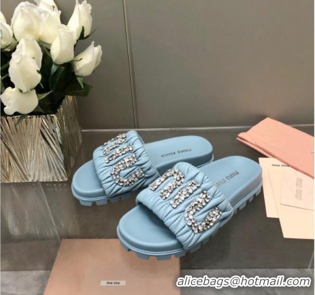 Best Price Miu Miu Matelasse Leather Platform Slide Sandals with Crystals Logo Blue 327106