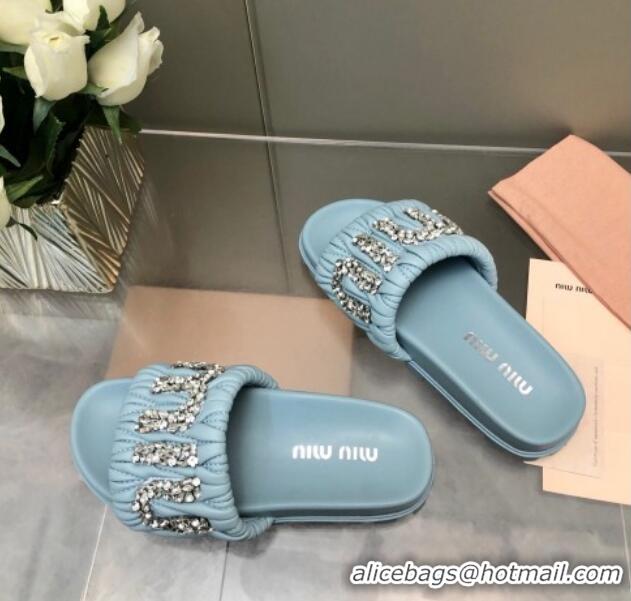 Best Price Miu Miu Matelasse Leather Platform Slide Sandals with Crystals Logo Blue 327106