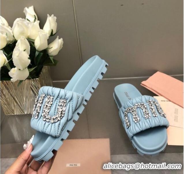 Best Price Miu Miu Matelasse Leather Platform Slide Sandals with Crystals Logo Blue 327106