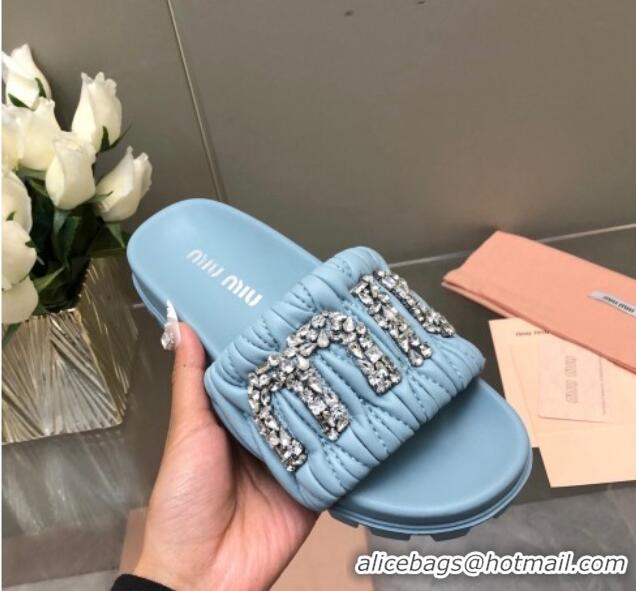 Best Price Miu Miu Matelasse Leather Platform Slide Sandals with Crystals Logo Blue 327106