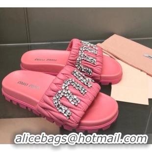 Perfect Miu Miu Matelasse Leather Platform Slide Sandals with Crystals Logo Pink 327107