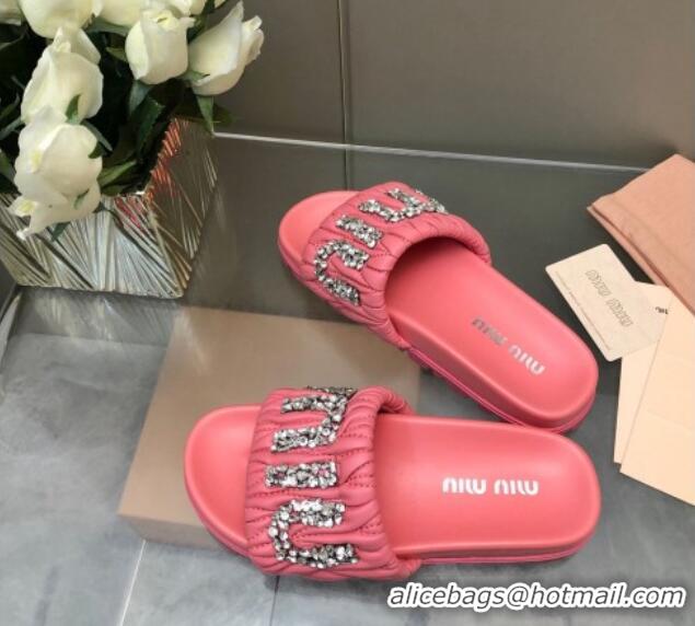 Perfect Miu Miu Matelasse Leather Platform Slide Sandals with Crystals Logo Pink 327107