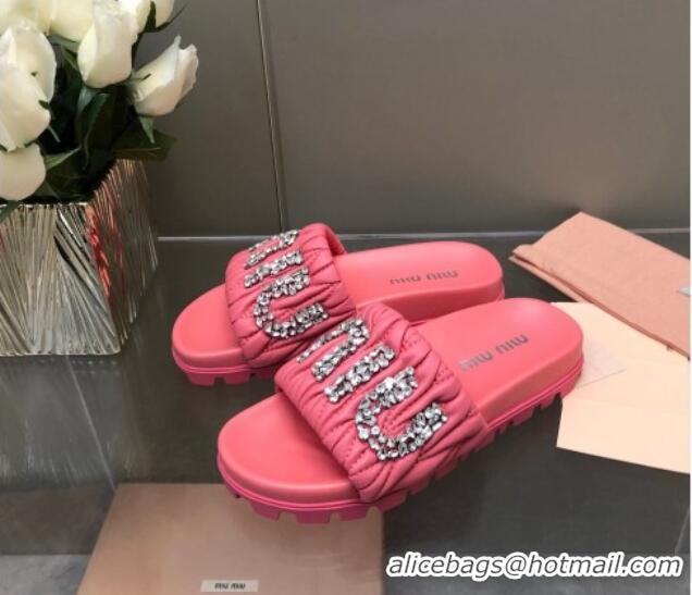 Perfect Miu Miu Matelasse Leather Platform Slide Sandals with Crystals Logo Pink 327107