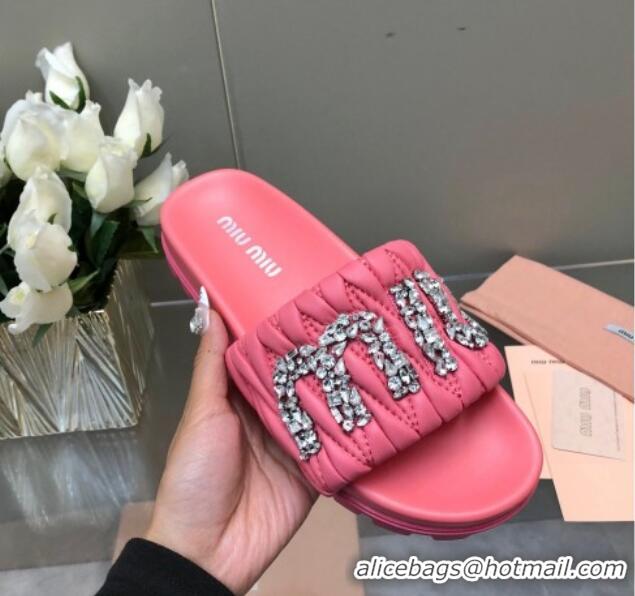 Perfect Miu Miu Matelasse Leather Platform Slide Sandals with Crystals Logo Pink 327107