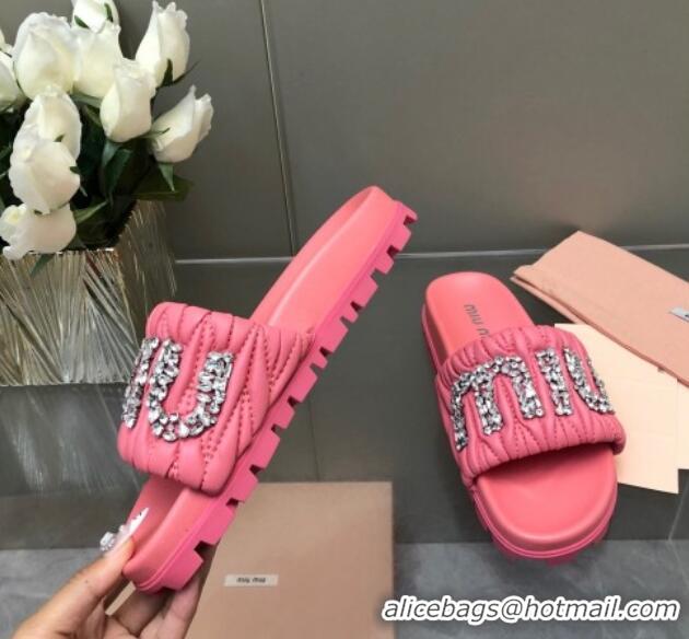 Perfect Miu Miu Matelasse Leather Platform Slide Sandals with Crystals Logo Pink 327107