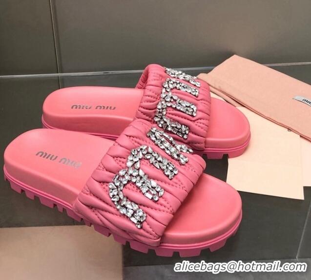 Perfect Miu Miu Matelasse Leather Platform Slide Sandals with Crystals Logo Pink 327107