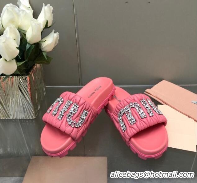 Perfect Miu Miu Matelasse Leather Platform Slide Sandals with Crystals Logo Pink 327107