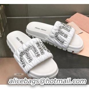 Good Quality Miu Miu Matelasse Leather Platform Slide Sandals with Crystals Logo White 327108