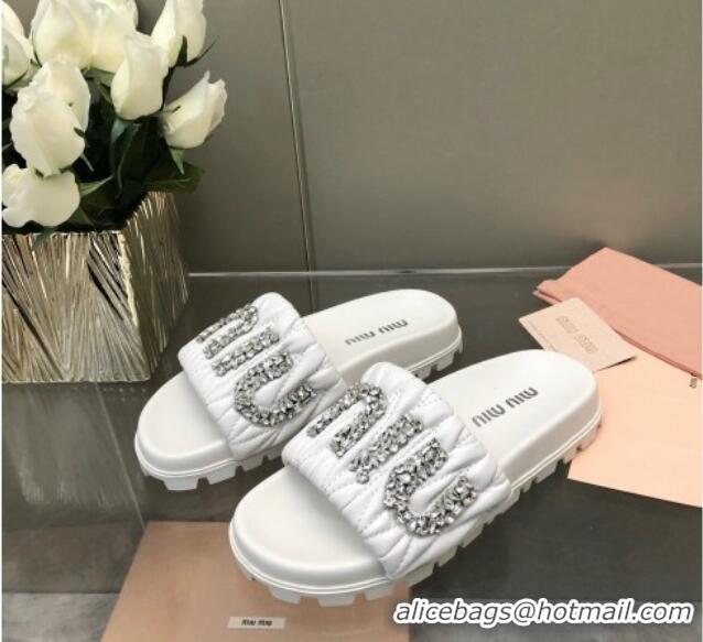 Good Quality Miu Miu Matelasse Leather Platform Slide Sandals with Crystals Logo White 327108