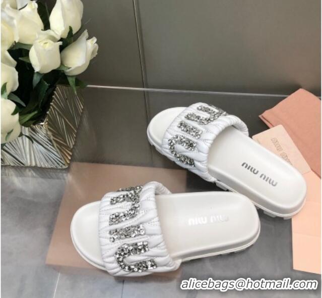 Good Quality Miu Miu Matelasse Leather Platform Slide Sandals with Crystals Logo White 327108