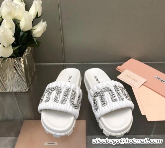 Good Quality Miu Miu Matelasse Leather Platform Slide Sandals with Crystals Logo White 327108