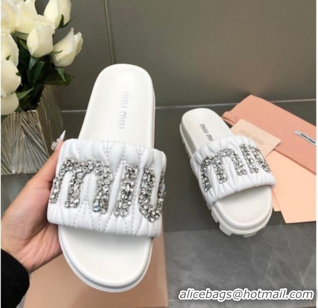 Good Quality Miu Miu Matelasse Leather Platform Slide Sandals with Crystals Logo White 327108