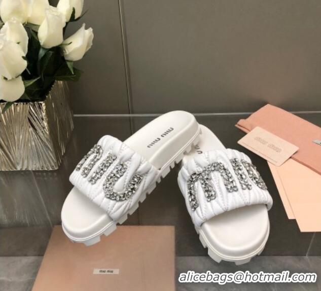 Good Quality Miu Miu Matelasse Leather Platform Slide Sandals with Crystals Logo White 327108