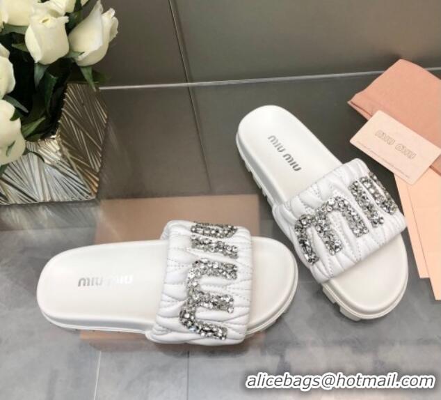 Good Quality Miu Miu Matelasse Leather Platform Slide Sandals with Crystals Logo White 327108