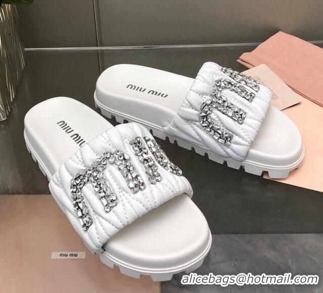 Good Quality Miu Miu Matelasse Leather Platform Slide Sandals with Crystals Logo White 327108