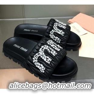 Top Design Miu Miu Matelasse Leather Platform Slide Sandals with Crystals Logo Black 327109