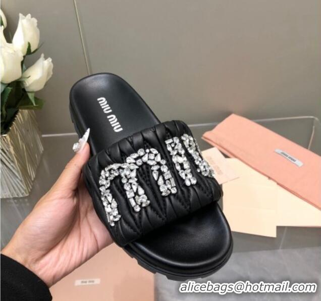 Top Design Miu Miu Matelasse Leather Platform Slide Sandals with Crystals Logo Black 327109