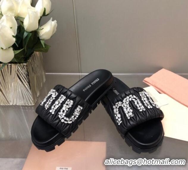 Top Design Miu Miu Matelasse Leather Platform Slide Sandals with Crystals Logo Black 327109