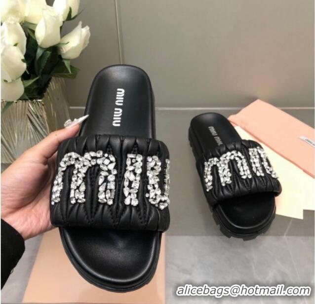 Top Design Miu Miu Matelasse Leather Platform Slide Sandals with Crystals Logo Black 327109