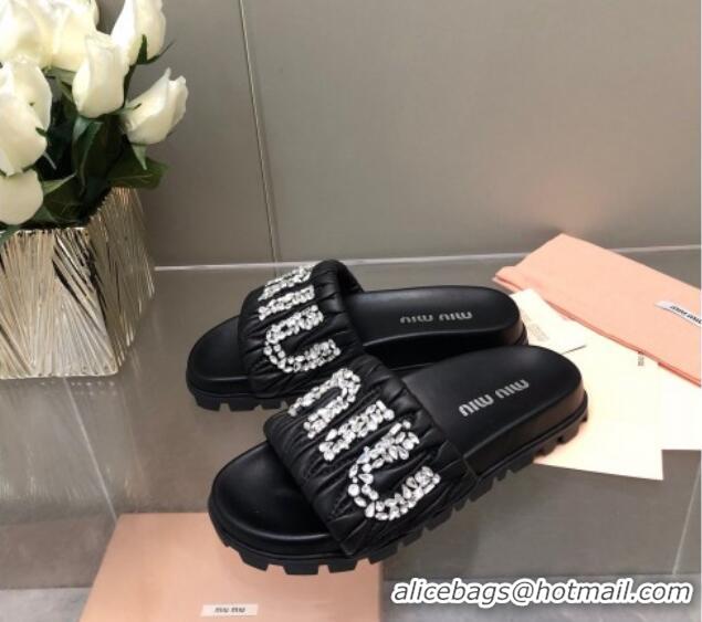 Top Design Miu Miu Matelasse Leather Platform Slide Sandals with Crystals Logo Black 327109