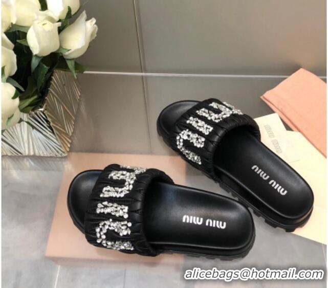 Top Design Miu Miu Matelasse Leather Platform Slide Sandals with Crystals Logo Black 327109