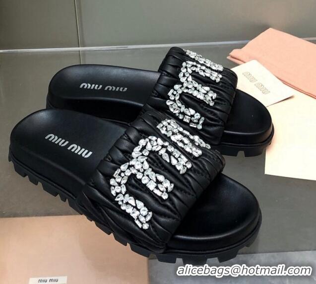 Top Design Miu Miu Matelasse Leather Platform Slide Sandals with Crystals Logo Black 327109