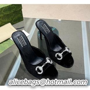 Pretty Style Gucci Horsebit 1955 High Heel Slide Sandals 9.5cm in GG Velvet Black 316001