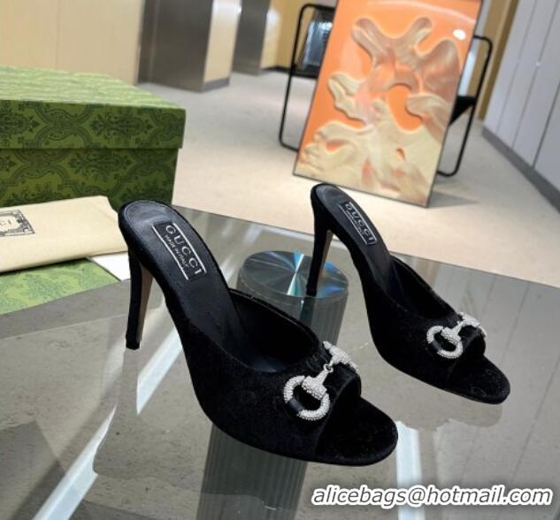 Pretty Style Gucci Horsebit 1955 High Heel Slide Sandals 9.5cm in GG Velvet Black 316001