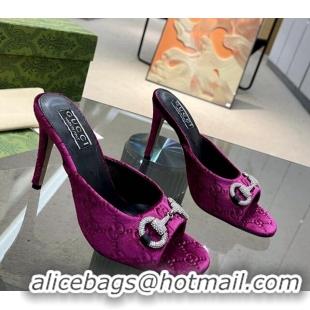 Grade Quality Gucci Horsebit 1955 High Heel Slide Sandals 9.5cm in GG Velvet Purple 316002