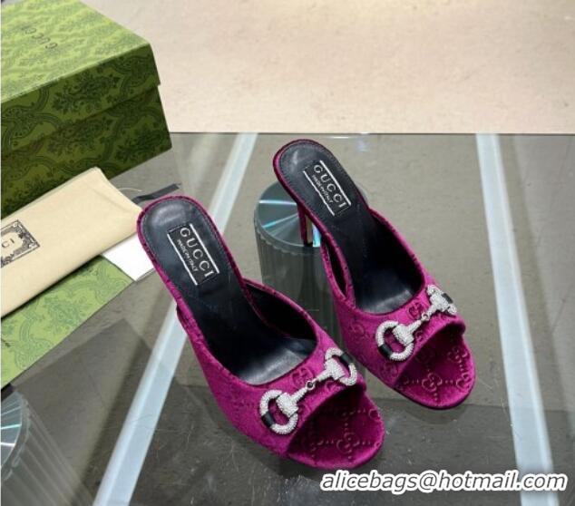 Grade Quality Gucci Horsebit 1955 High Heel Slide Sandals 9.5cm in GG Velvet Purple 316002