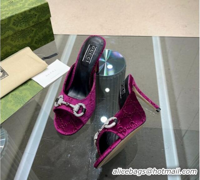 Grade Quality Gucci Horsebit 1955 High Heel Slide Sandals 9.5cm in GG Velvet Purple 316002