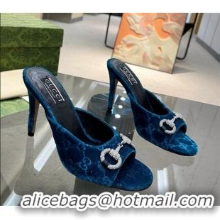 Best Product Gucci Horsebit 1955 High Heel Slide Sandals 9.5cm in GG Velvet Blue 316003