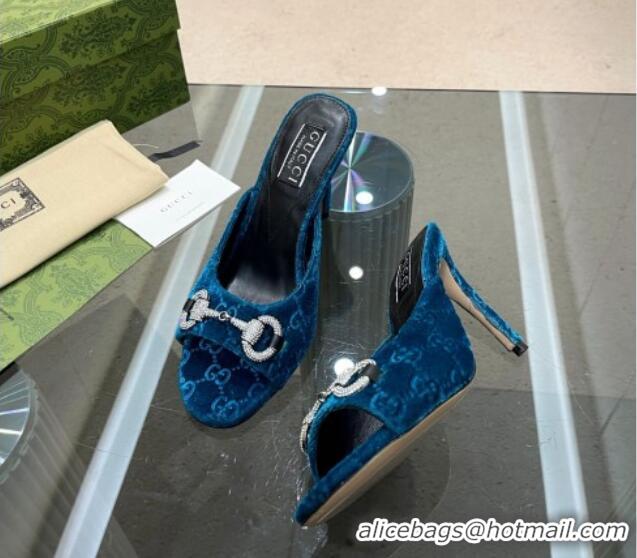 Best Product Gucci Horsebit 1955 High Heel Slide Sandals 9.5cm in GG Velvet Blue 316003