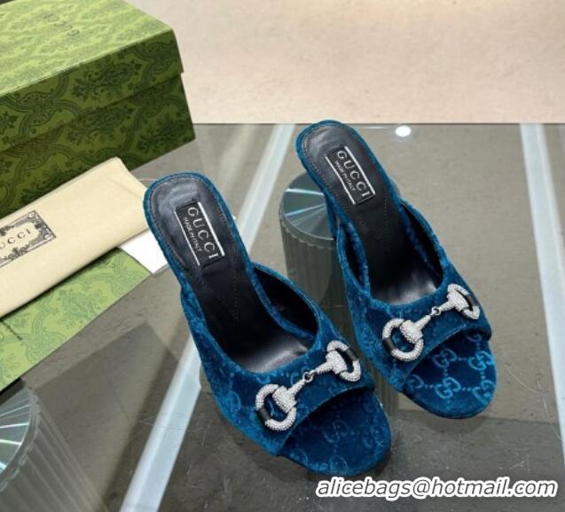 Best Product Gucci Horsebit 1955 High Heel Slide Sandals 9.5cm in GG Velvet Blue 316003