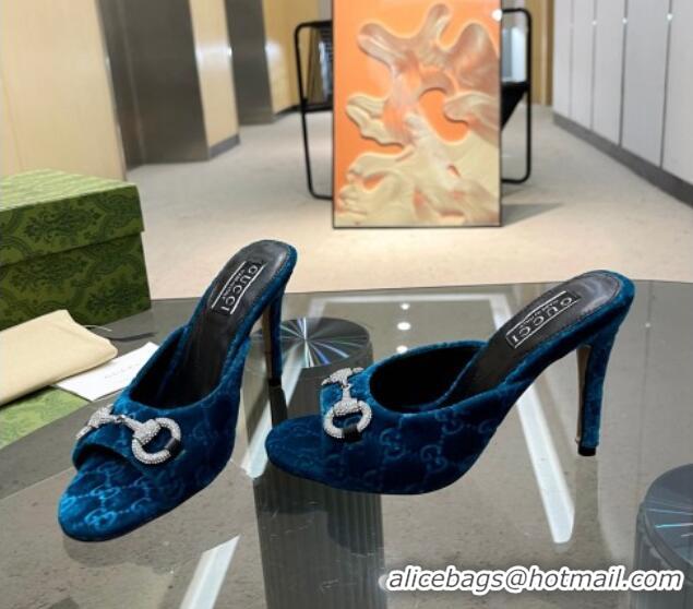 Best Product Gucci Horsebit 1955 High Heel Slide Sandals 9.5cm in GG Velvet Blue 316003