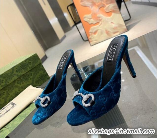 Best Product Gucci Horsebit 1955 High Heel Slide Sandals 9.5cm in GG Velvet Blue 316003