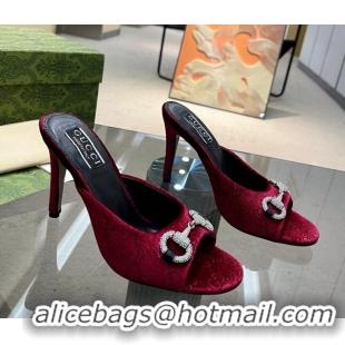 Stylish Gucci Horsebit 1955 High Heel Slide Sandals 9.5cm in GG Velvet Red 0316004