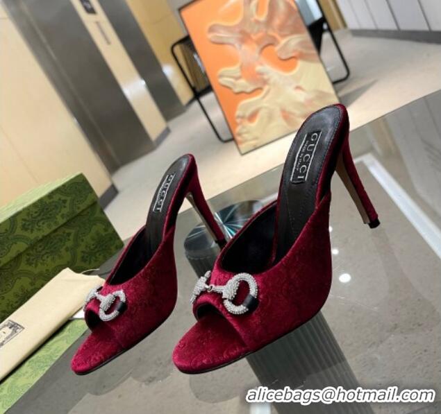 Stylish Gucci Horsebit 1955 High Heel Slide Sandals 9.5cm in GG Velvet Red 0316004