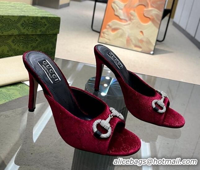 Stylish Gucci Horsebit 1955 High Heel Slide Sandals 9.5cm in GG Velvet Red 0316004