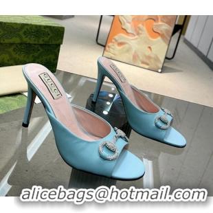 Top Grade Gucci Horsebit 1955 High Heel Slide Sandals 9.5cm in Calf Leather Light Blue 0316006