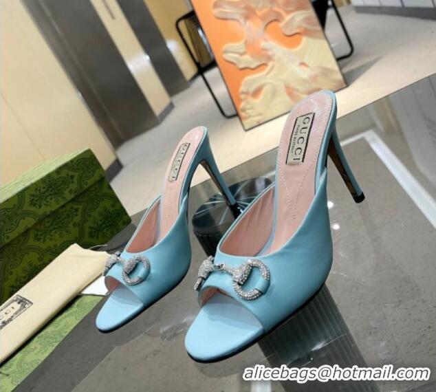 Top Grade Gucci Horsebit 1955 High Heel Slide Sandals 9.5cm in Calf Leather Light Blue 0316006