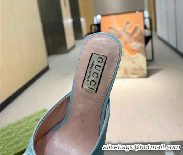 Top Grade Gucci Horsebit 1955 High Heel Slide Sandals 9.5cm in Calf Leather Light Blue 0316006