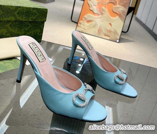 Top Grade Gucci Horsebit 1955 High Heel Slide Sandals 9.5cm in Calf Leather Light Blue 0316006