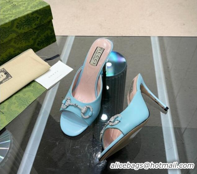 Top Grade Gucci Horsebit 1955 High Heel Slide Sandals 9.5cm in Calf Leather Light Blue 0316006