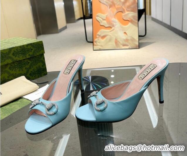 Top Grade Gucci Horsebit 1955 High Heel Slide Sandals 9.5cm in Calf Leather Light Blue 0316006