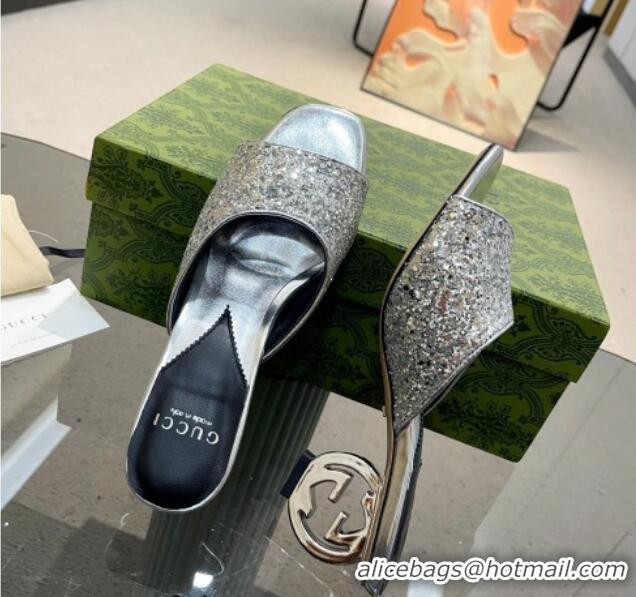 Trendy Design Gucci Interlocking G Glitters Heel Slide Sandals 6cm Silver 0316007