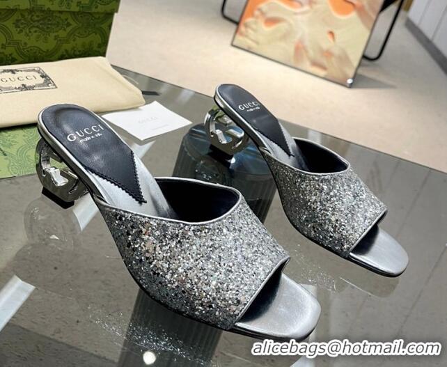 Trendy Design Gucci Interlocking G Glitters Heel Slide Sandals 6cm Silver 0316007