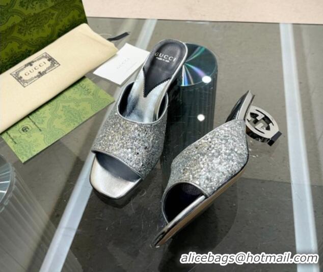 Trendy Design Gucci Interlocking G Glitters Heel Slide Sandals 6cm Silver 0316007