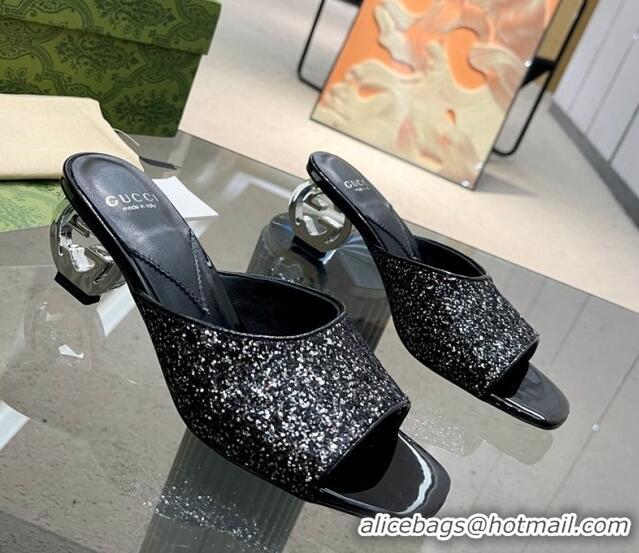 Charming Gucci Interlocking G Glitters Heel Slide Sandals 6cm Black 316008